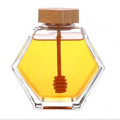 Wholesale 220ml 380ml Bamboo Cover Empty Hexagon Natural Royal Honey Jar Container Glass Honey Jar With Stirring Rod